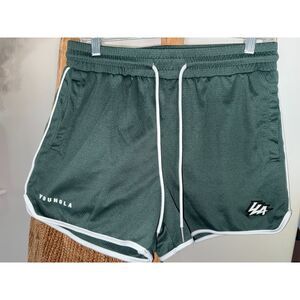 Young LA Mens Large Green White Drawstring Logo Mesh Gym Workout Shorts